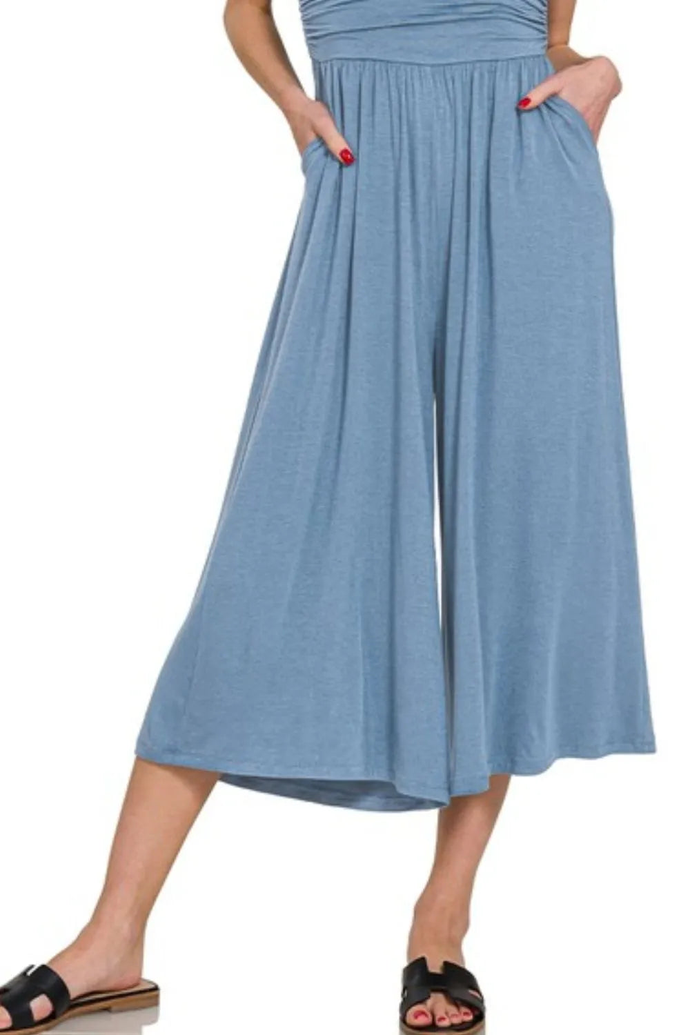 Trendsi boho strapless jumpsuit for women in blue with wide legs and pockets