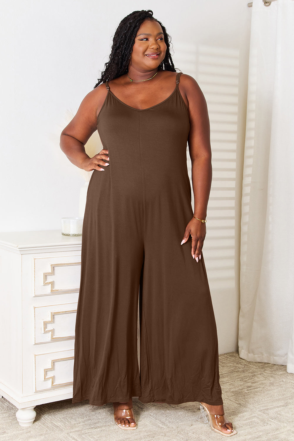 Stylish boho wide leg jumpsuit in brown featuring a comfortable fit and adjustable straps