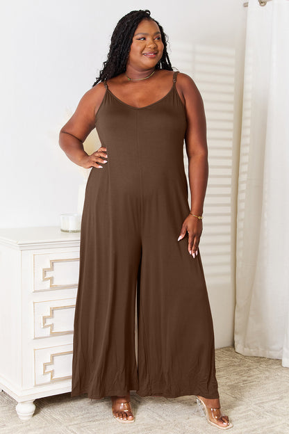 Stylish boho wide leg jumpsuit in brown featuring a comfortable fit and adjustable straps
