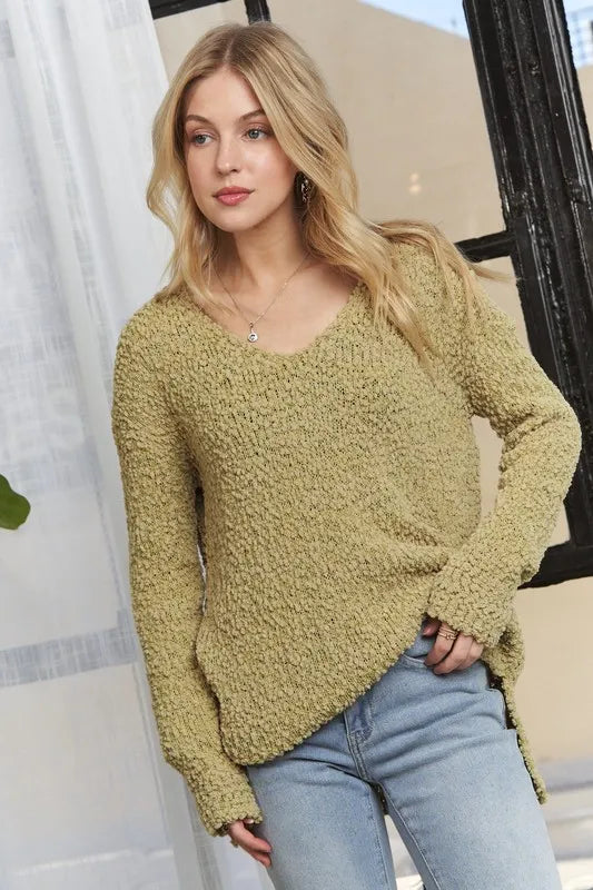 Trendsi boho v neck sweater in olive green with a cozy knit design and relaxed fit