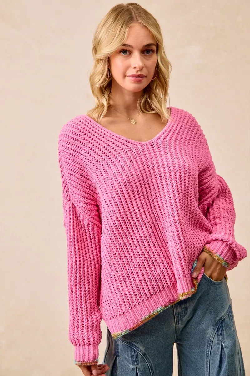 Trendsi boho v-neck sweater women in vibrant pink with a relaxed fit and textured knit design
