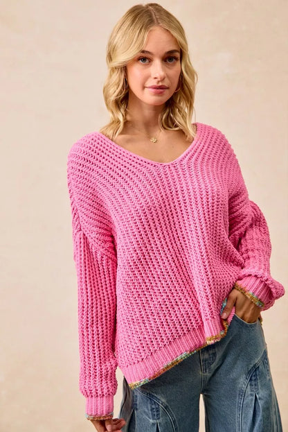 Trendsi boho v-neck sweater women in vibrant pink with a relaxed fit and textured knit design