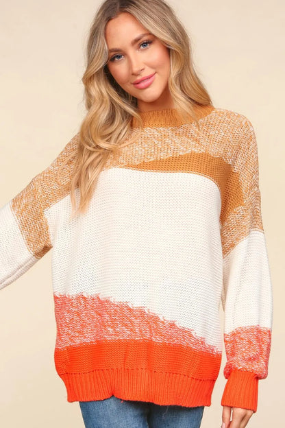 Trendsi boho color block sweater in warm tones with a relaxed fit and wide sleeves