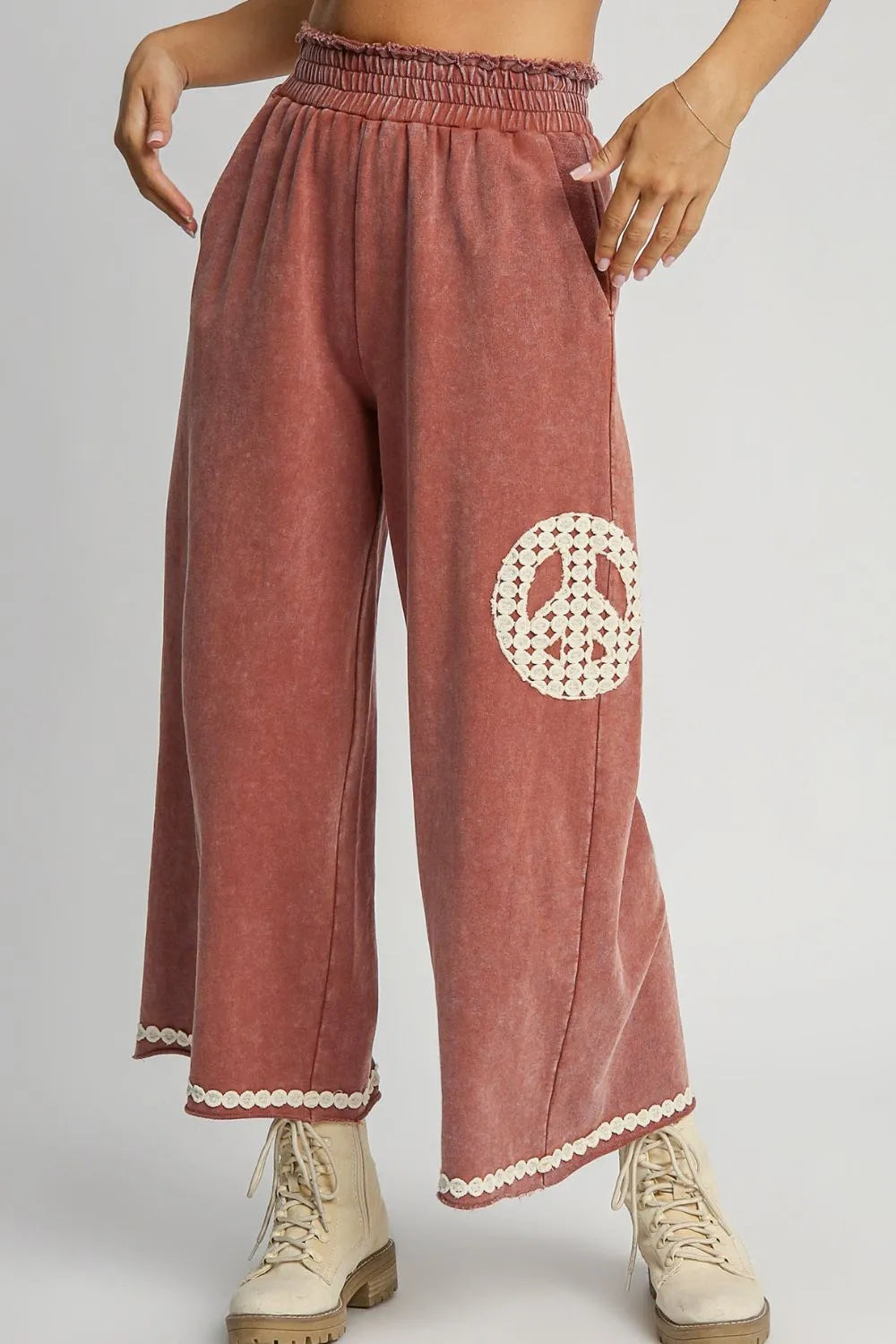 Umgee Full Size Peace Lace Applique Mineral Wash Wide Leg Pants Plus Size-Soul Flow Apparel