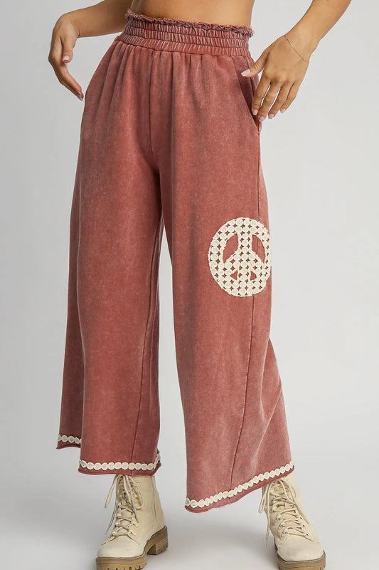 Umgee Full Size Peace Lace Applique Mineral Wash Wide Leg Pants Plus Size-Soul Flow Apparel