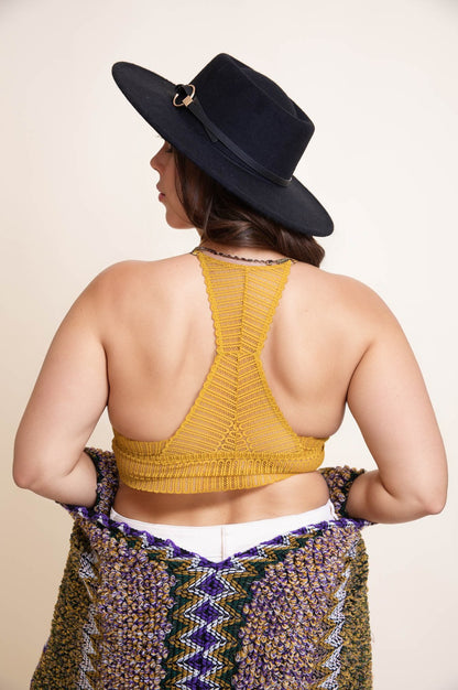 Stylish plus size boho bralette in mustard with a unique back design, perfect for any casual outfit