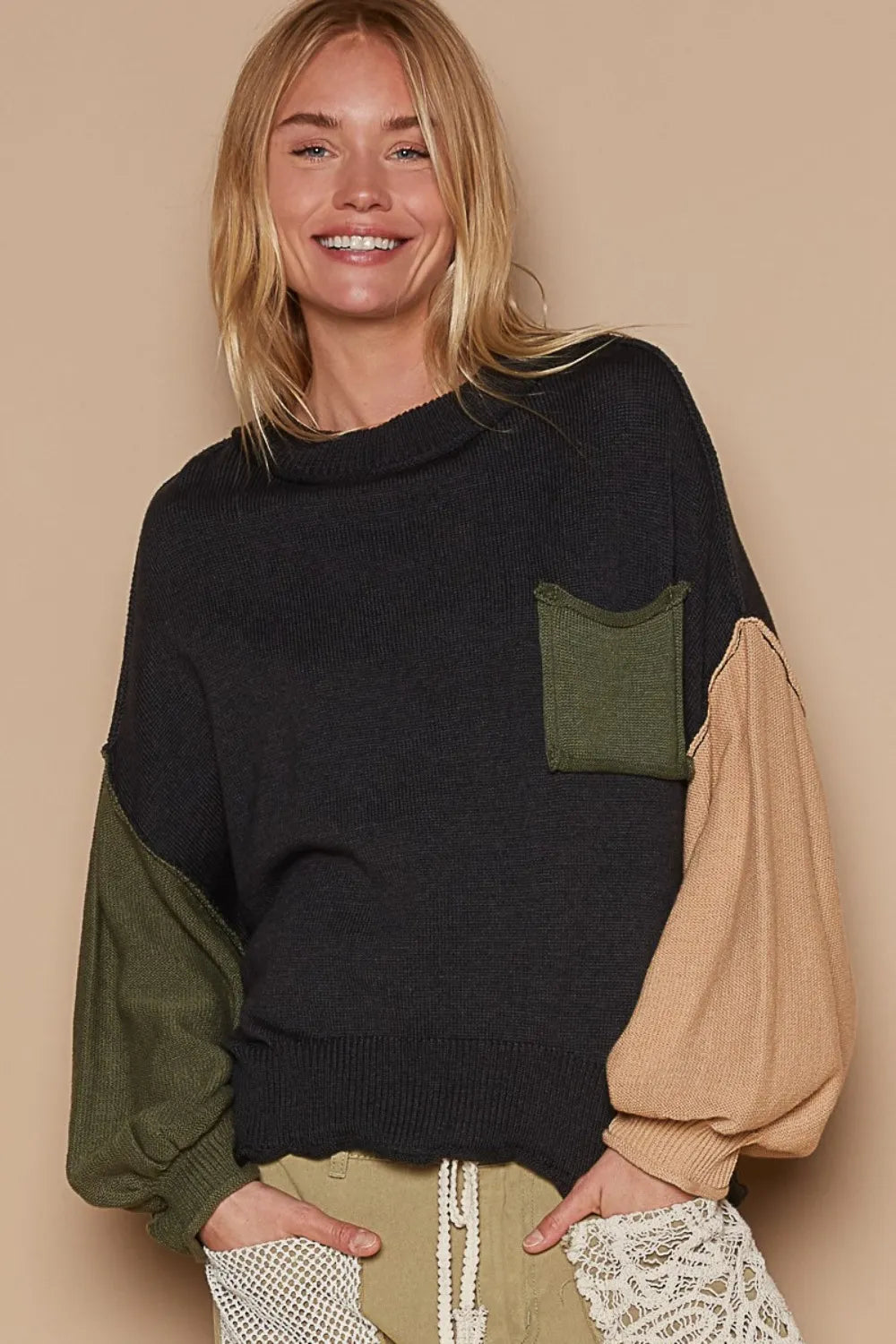 Trendsi boho color block sweater with oversized sleeves and a stylish pocket detail