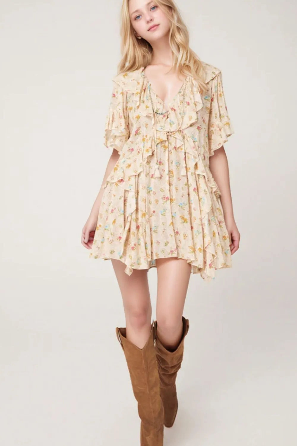 Boho Floral Tassel Tie V Neck Ruffle Wide Sleeve Mini Dress-Soul Flow Apparel