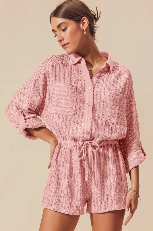 SO ME Textured Knit Button Front Romper-Soul Flow Apparel