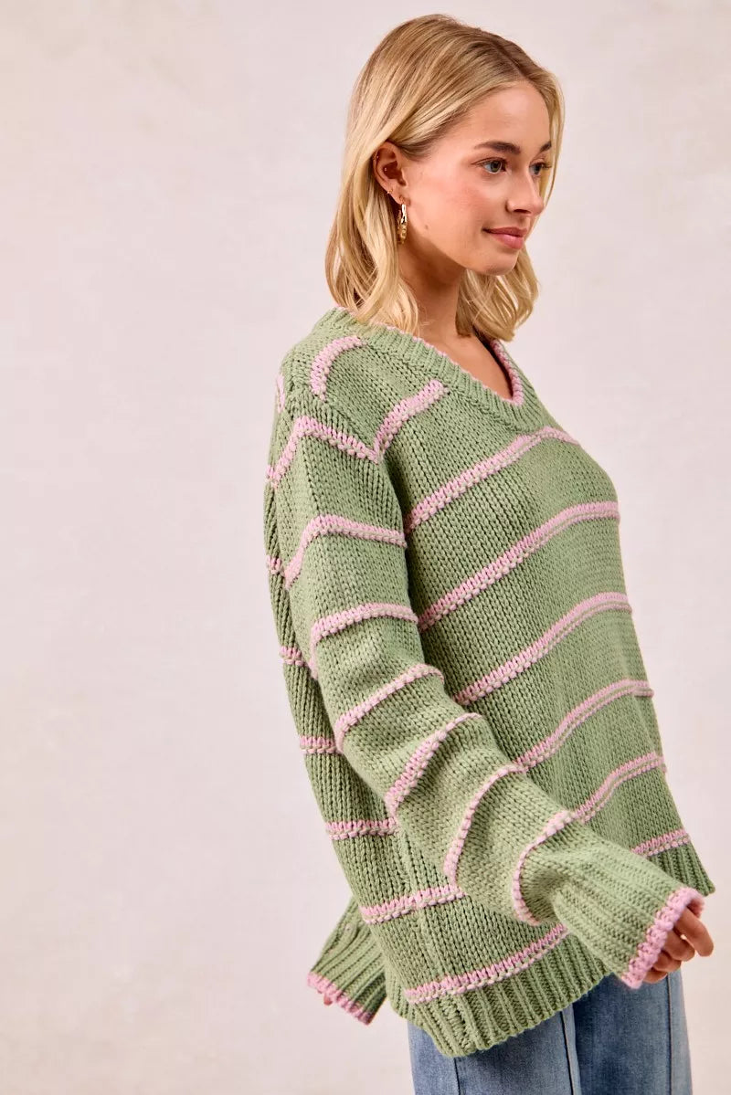 Trendsi boho striped long sleeve sweater in green and pink with a V-neck design
