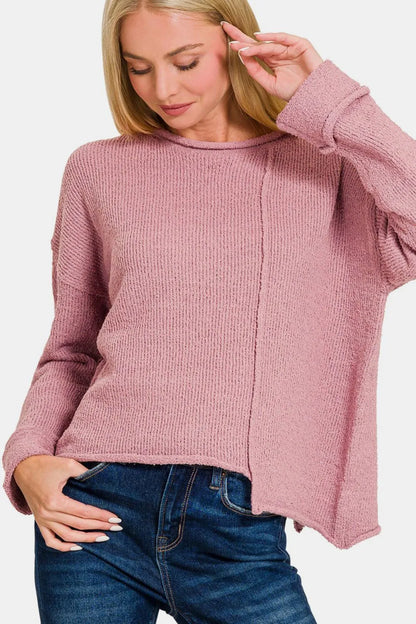 Trendsi asymmetric hem boho sweater in soft pink for a relaxed and stylish look