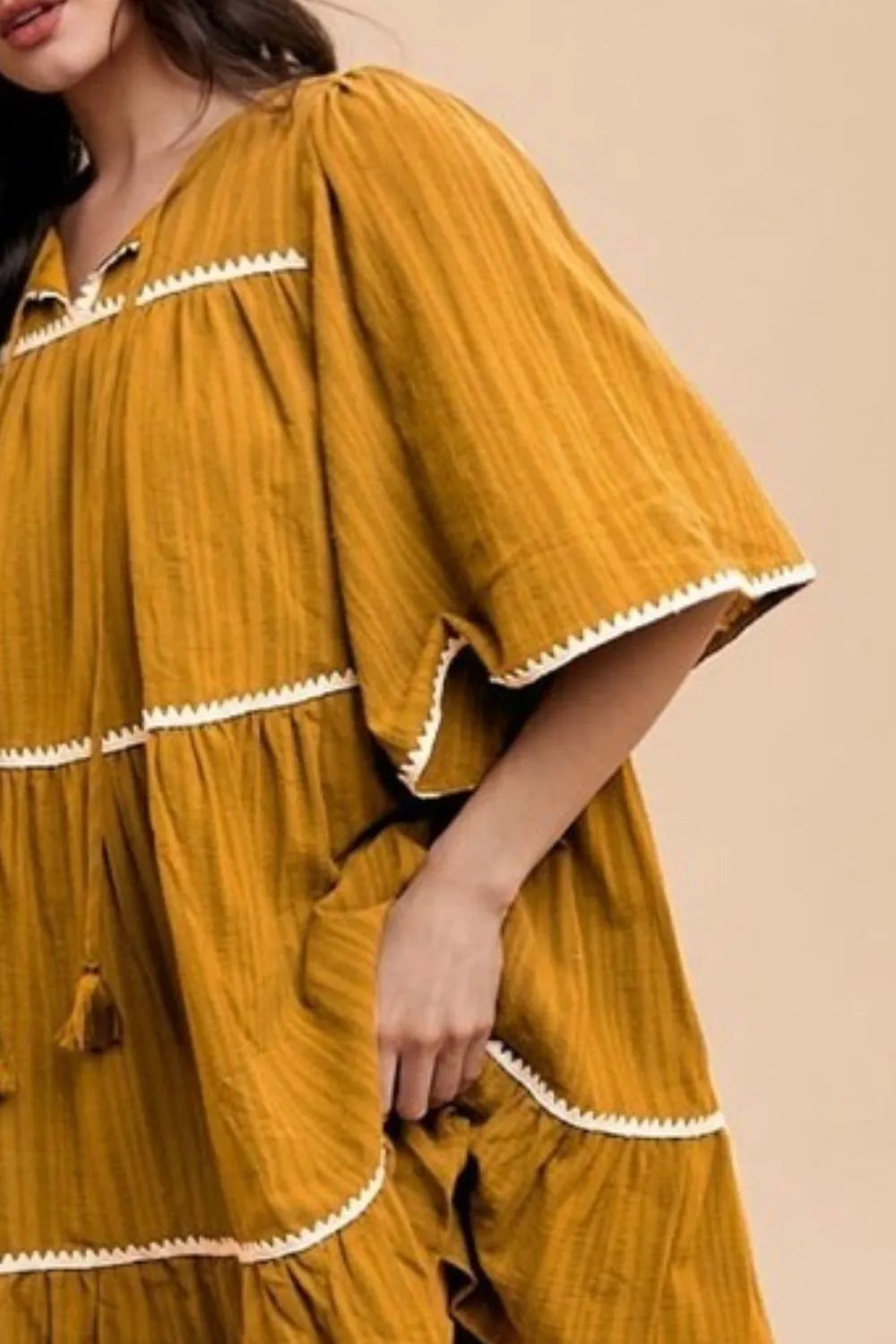 Annie Wear Tassel Contrast Trim Tie Neck Half Sleeve Tiered Dress-Soul Flow Apparel