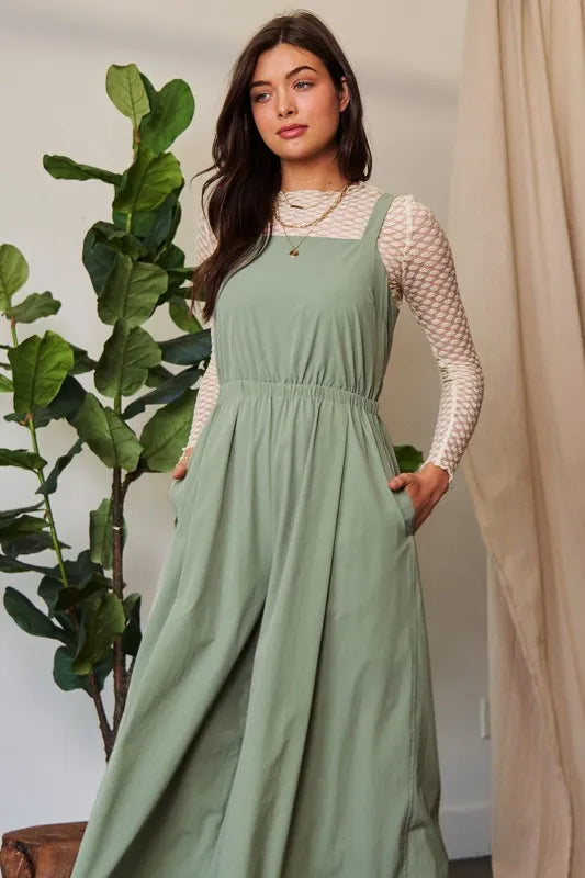 Davi & Dani Creased Wide Legs Elastic Waist Jumpsuit-Soul Flow Apparel