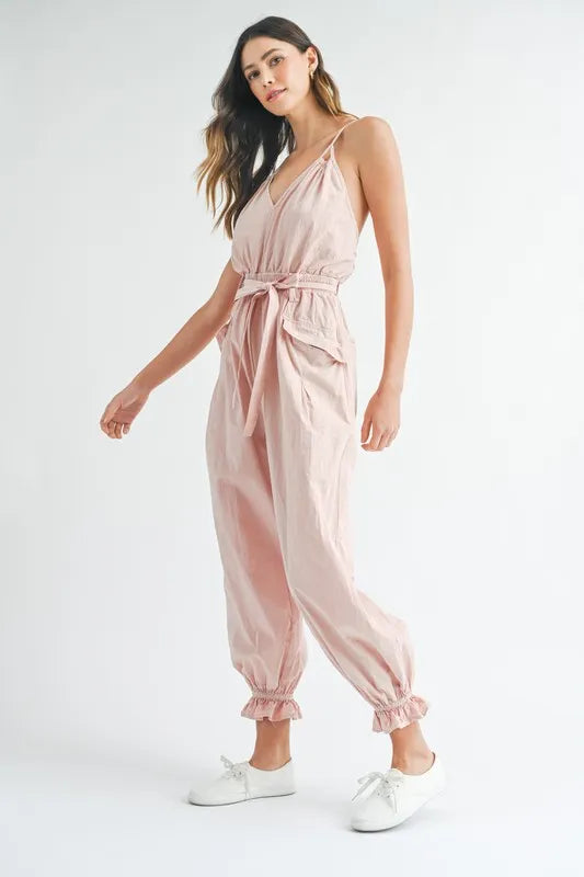 MABLE Washed Fabric Spaghetti Strap Waist Belted Jumpsuit-Soul Flow Apparel