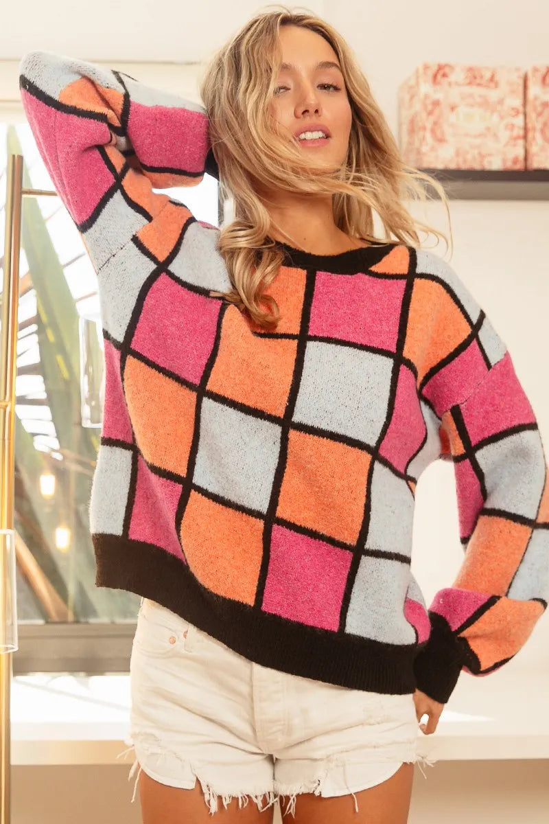 Trendsi multi color checker sweater in bold patterns, perfect for casual outfits and cozy styling