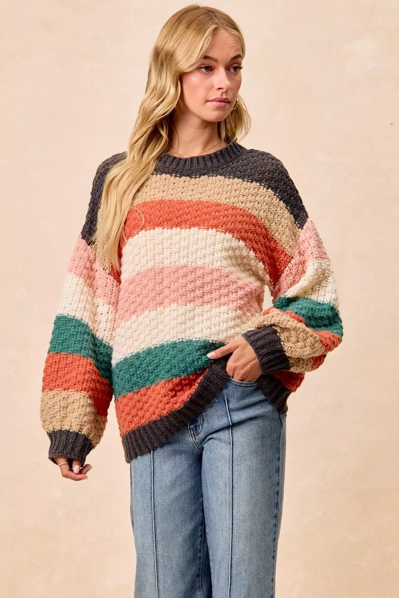 Trendsi boho color block sweater in striped design featuring warm earthy tones for casual style