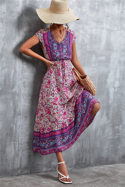 V-Neck Short Sleeve Printed Maxi Dress-Soul Flow Apparel