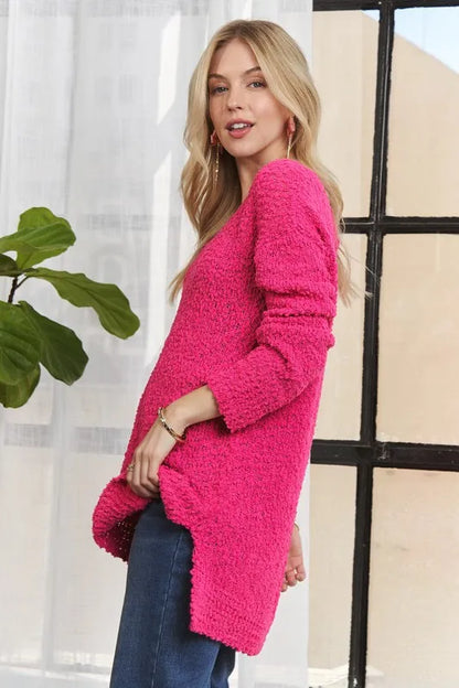 Trendsi high-low side slit sweater in vibrant pink, perfect for stylish layering and comfort