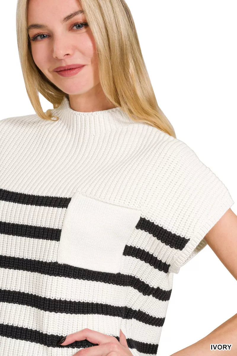 Fashionable boho striped sweater top in ivory with black stripes and a stylish pocket