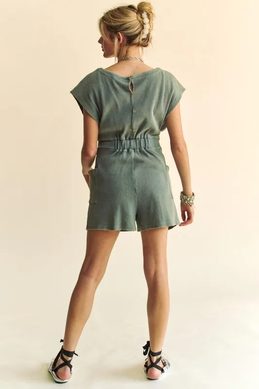 Davi & Dani Acid-Washed Waffle Knit Cuffed Sleeves Romper-Soul Flow Apparel