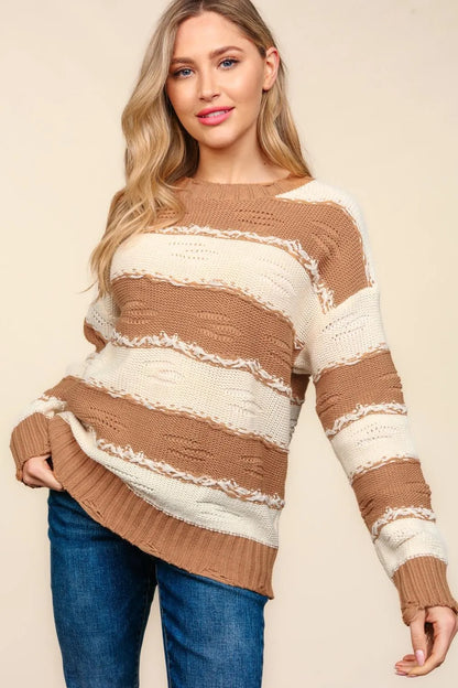 Trendsi boho striped distressed sweater in tan and cream with a relaxed fit and long sleeves
