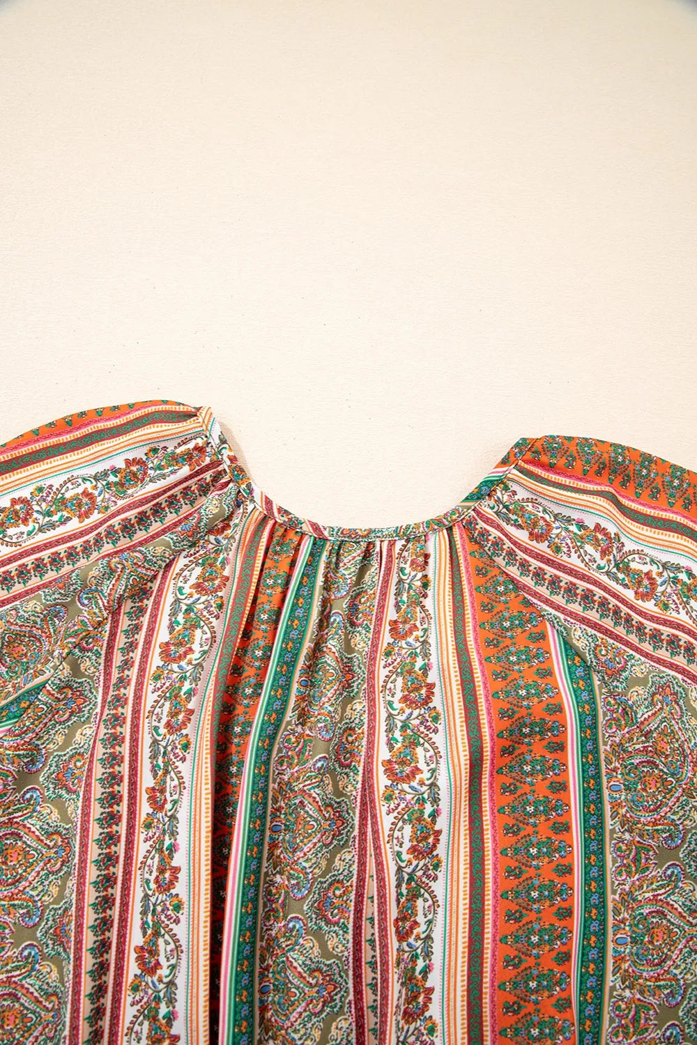 Bohemian Floral Print Buttoned V Neck Ruffle Tiered Dress-Soul Flow Apparel