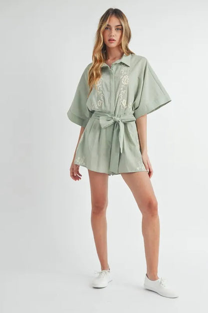 Trendsi embroidered button down romper in green with a tie waist and kimono sleeves