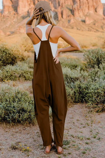 Trendsi boho v-neck sleeveless jumpsuit in brown with adjustable straps for a comfortable fit