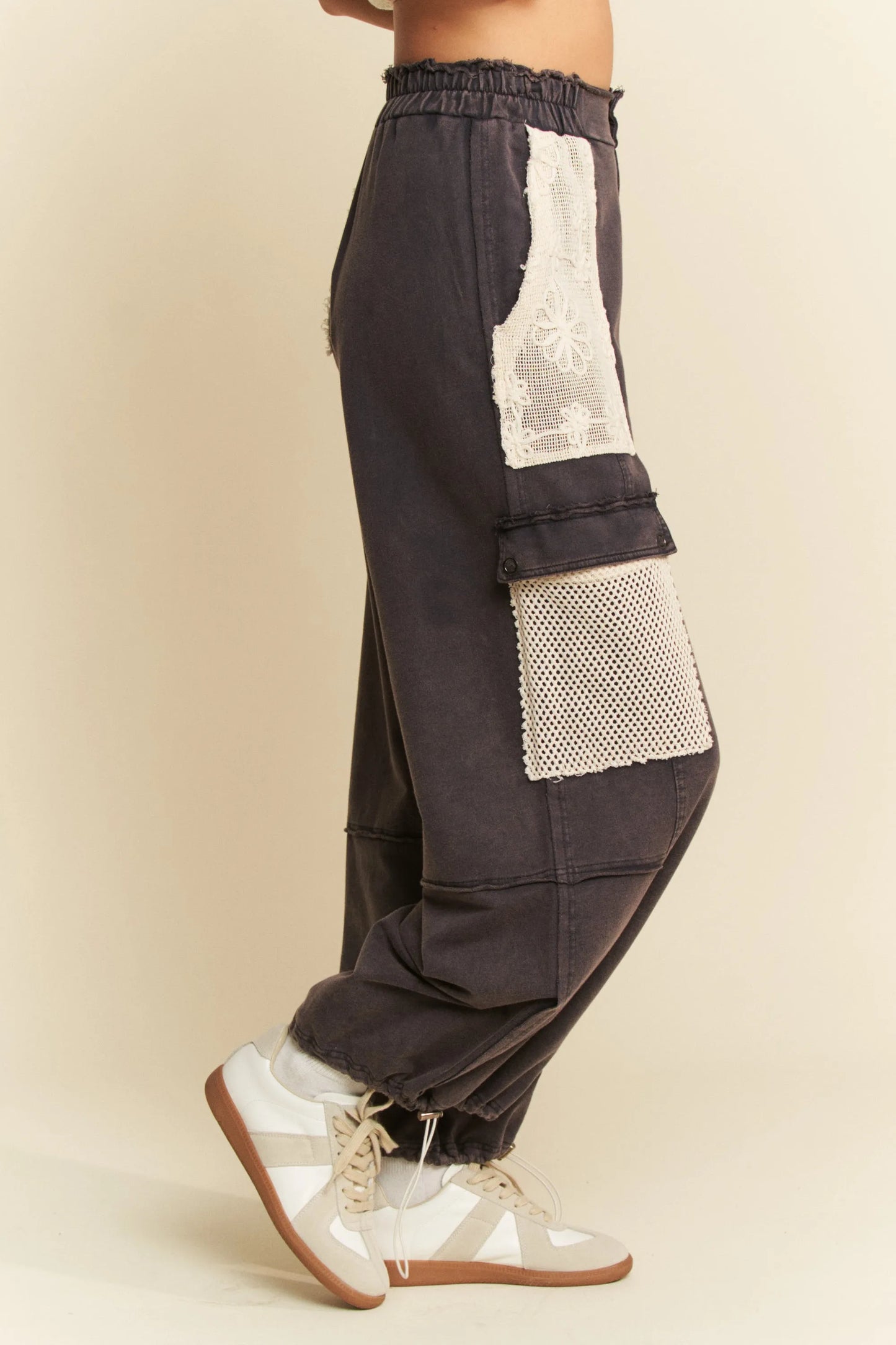 Davi & Dani Lace Patchwork Bottom Opening Adjustable Pants-Soul Flow Apparel