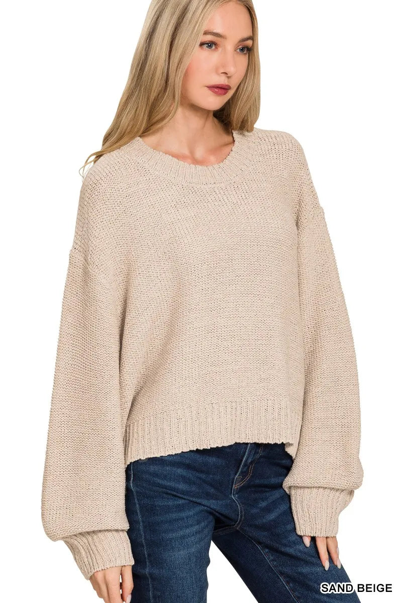 Trendsi oversized balloon sleeve sweater in sand beige with a relaxed fit and ribbed hem