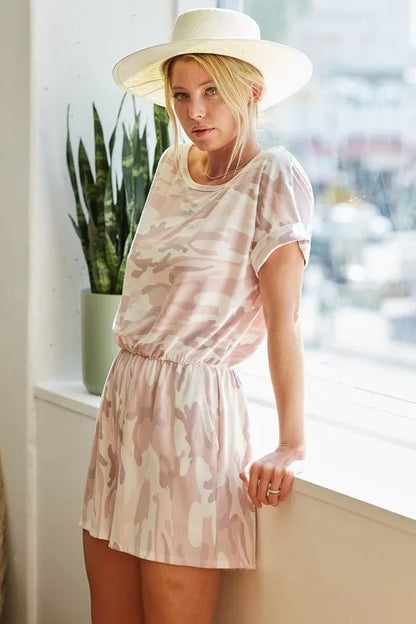 Trendsi camo print romper for women in light pink with a relaxed fit and elastic waistband