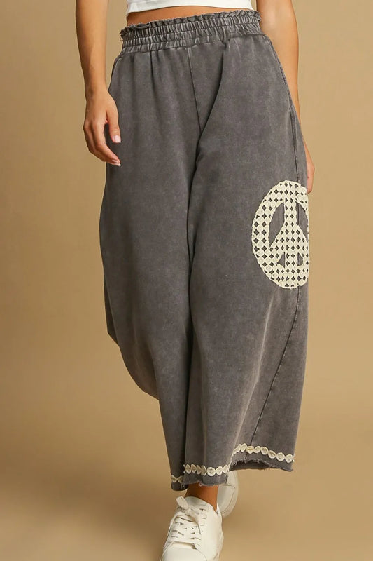 Peace Lace Applique Mineral Wash Wide Leg Pants Plus Size-Soul Flow Apparel