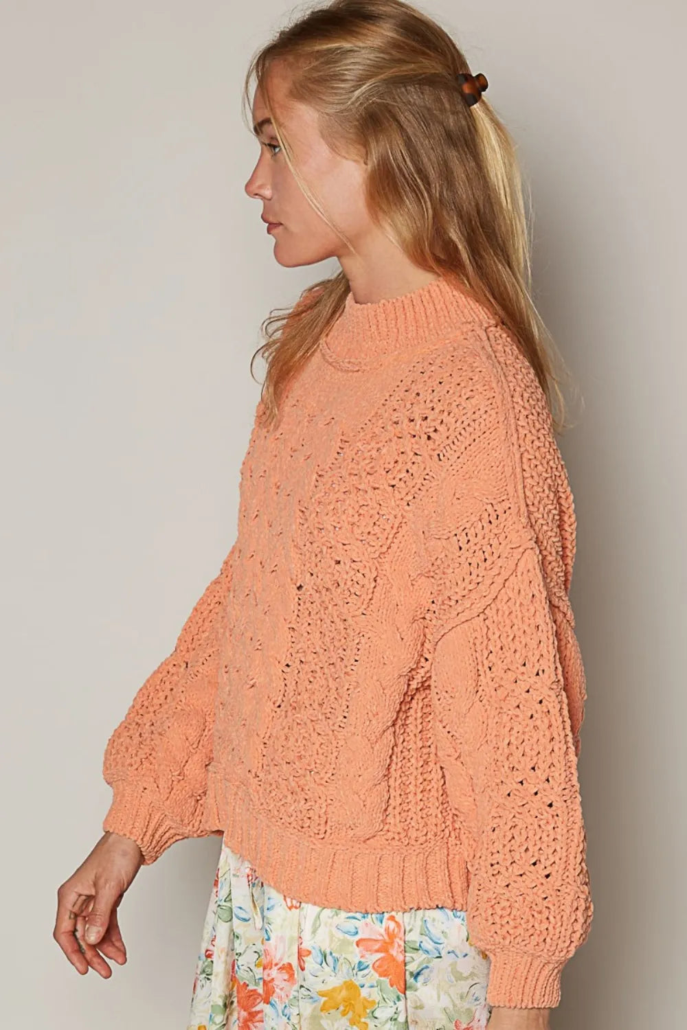 Trendsi Boho Cable Knit Sweater in Peach with Long Sleeves and Oversized Fit