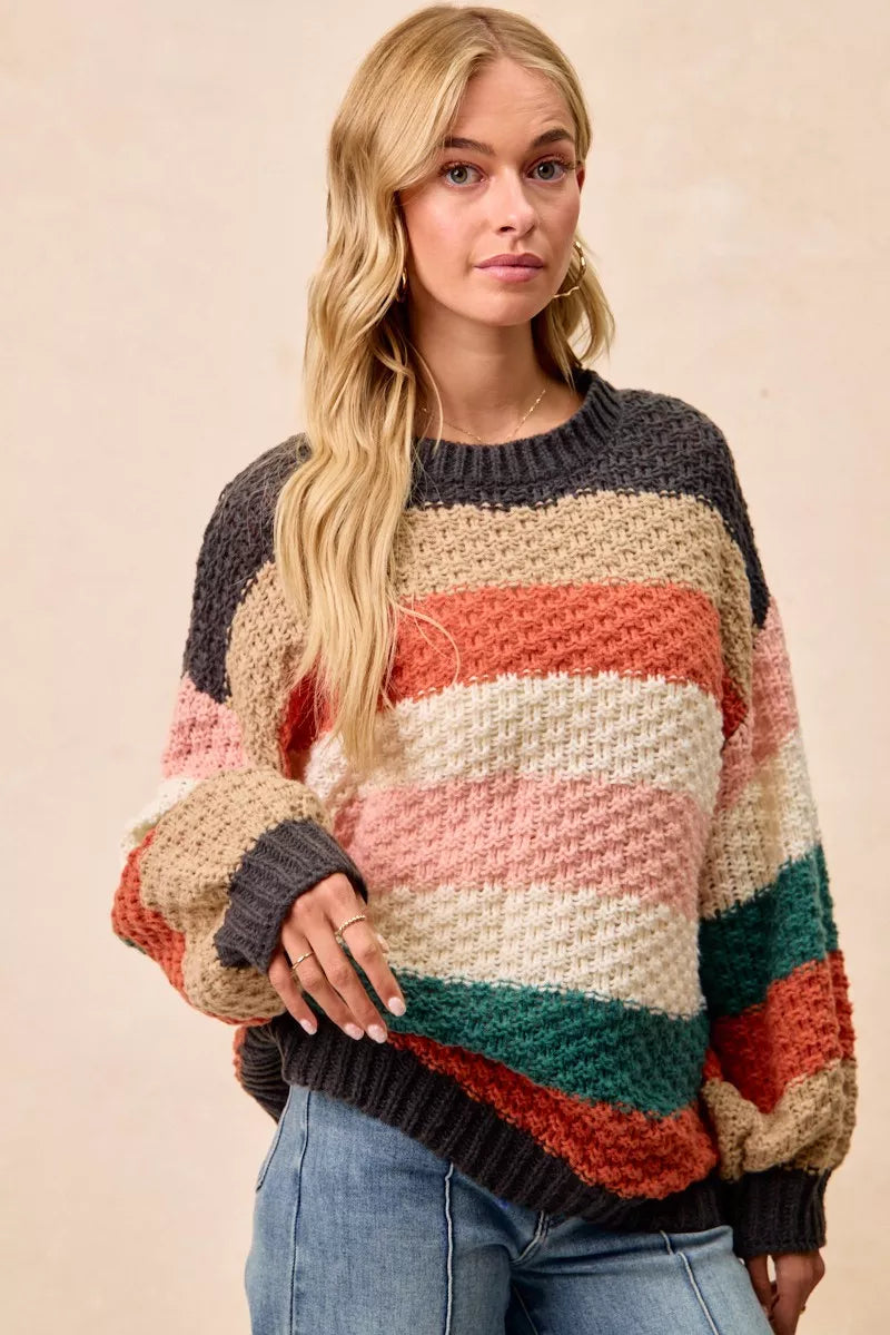 Trendsi boho color block sweater in soft hues with a loose fit, perfect for a casual outfit.