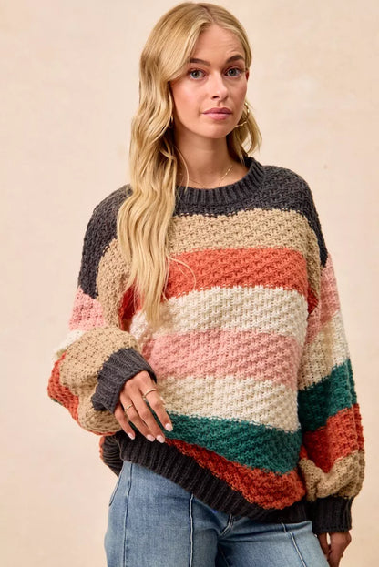 Trendsi boho color block sweater in soft hues with a loose fit, perfect for a casual outfit.