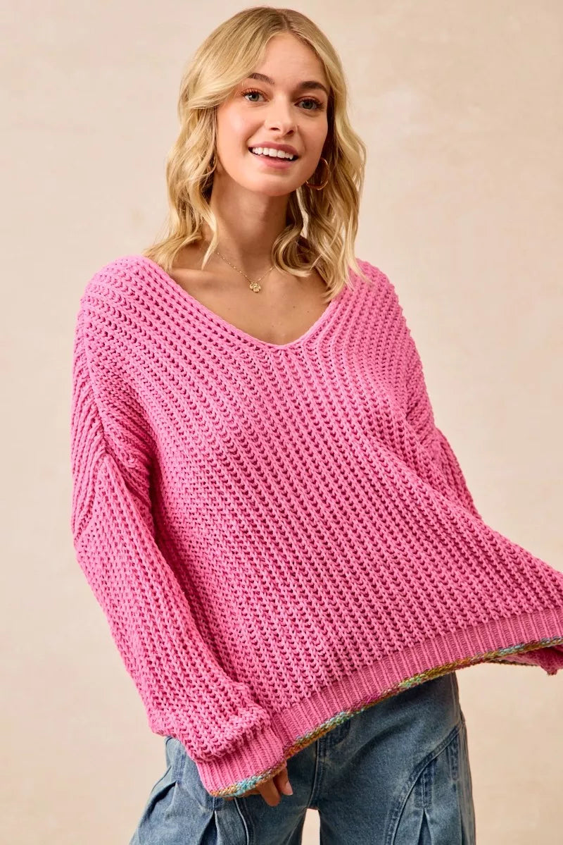 Trendsi Boho V-Neck Sweater Women in Pink with Oversized Fit and Cozy Knit Texture