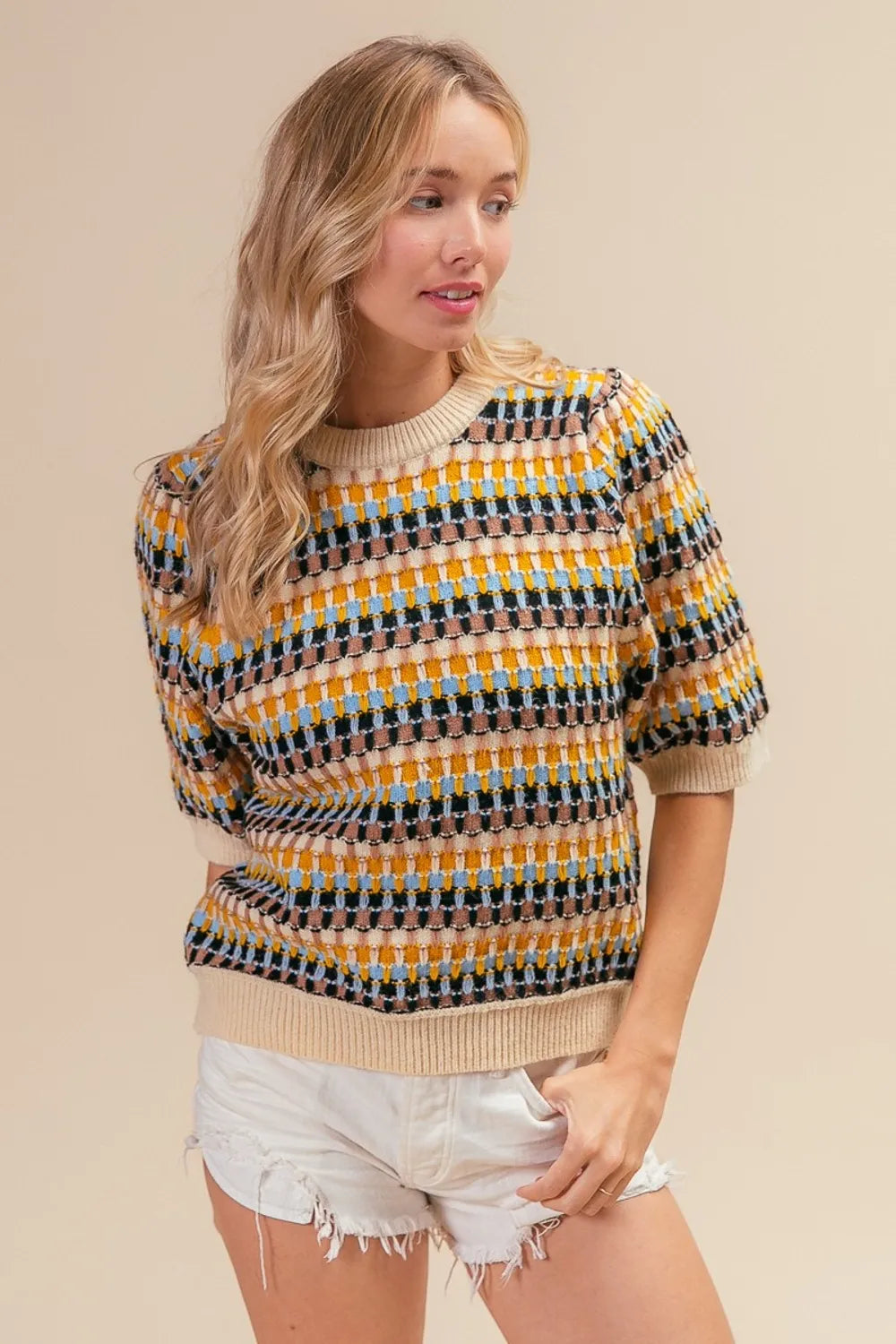 Trendsi boho multi color sweater featuring a stylish striped pattern and short sleeves