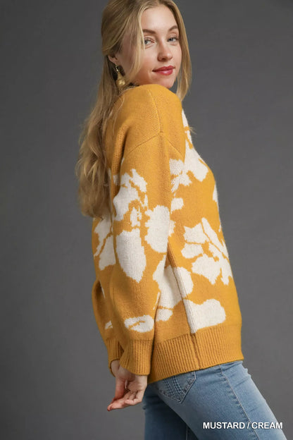 Umgee floral long sleeve sweater in mustard and cream with a cozy fit for casual wear