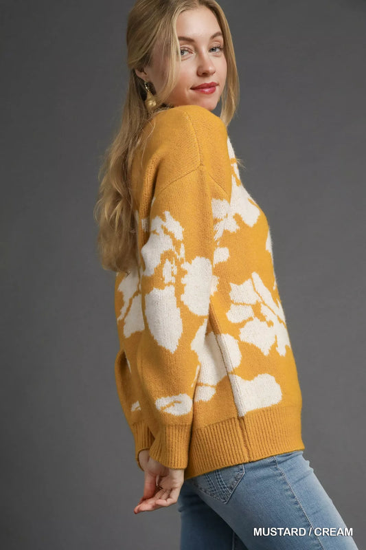 Umgee floral long sleeve sweater in mustard and cream with a cozy fit for casual wear