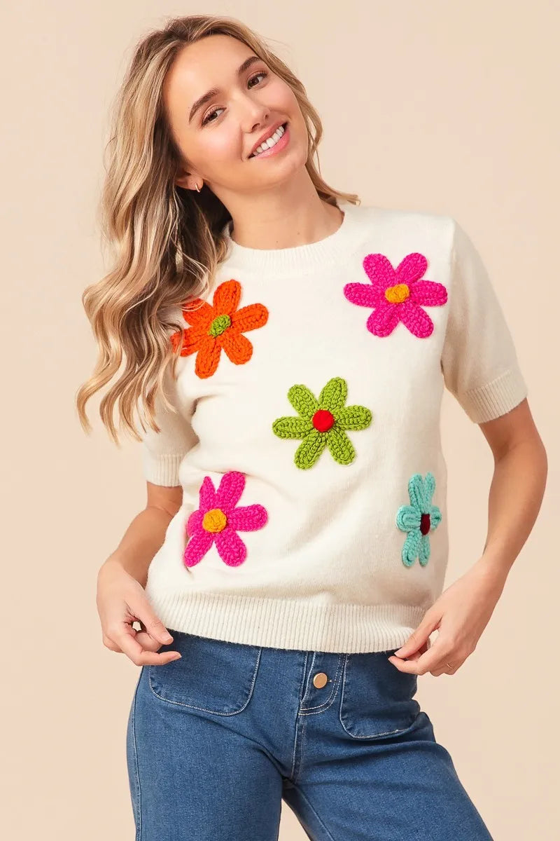 Trendsi crochet flower sweater top with colorful floral appliques on a cream background