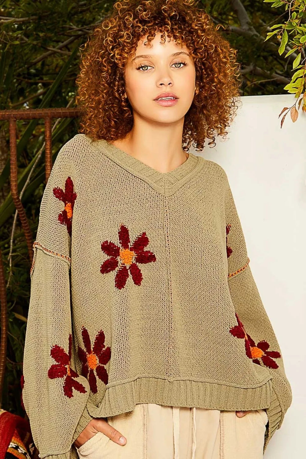Trendsi Boho Floral Chenille Sweater in Olive Green with Colorful Flower Designs