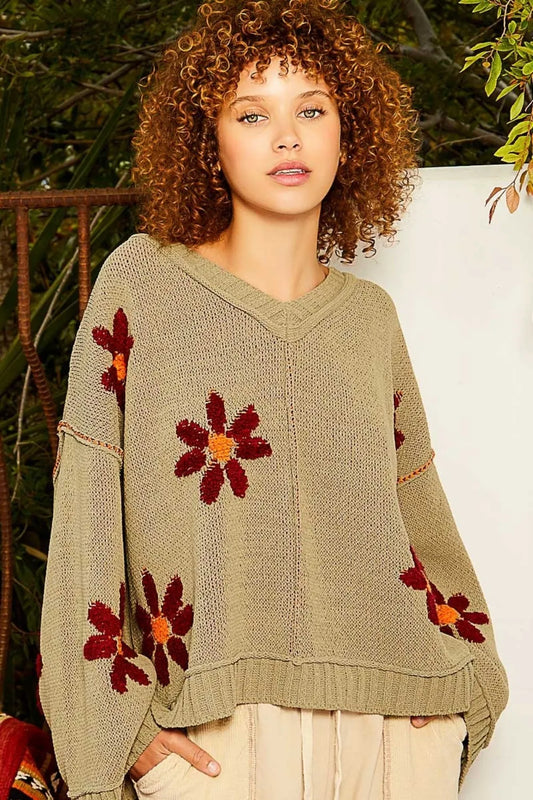 Trendsi Boho Floral Chenille Sweater in Olive Green with Colorful Flower Designs