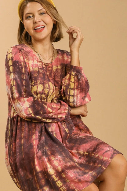 Umgee Full Size Tie Dye Long Sleeve Babydoll Dress with Keyhole Plus Size-Soul Flow Apparel