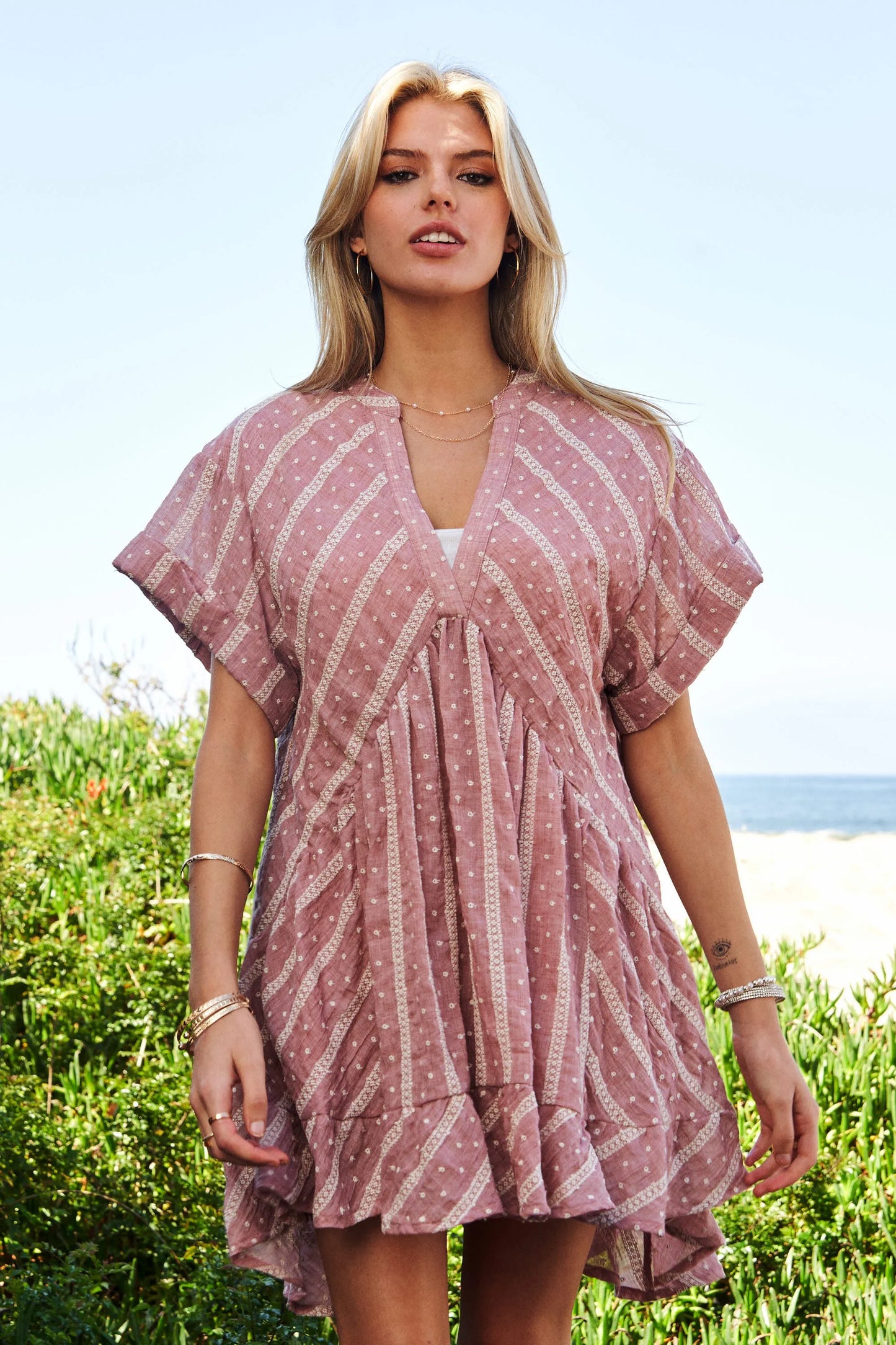 Davi & Dani Embroidery V Neck Short Sleeve Ruffled Mini Dress-Soul Flow Apparel