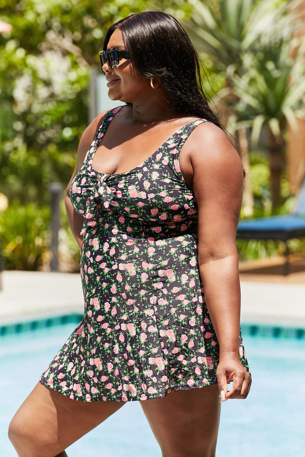 Marina West Swim Full Size Clear Waters Swim Dress in Black Roses-Soul Flow Apparel