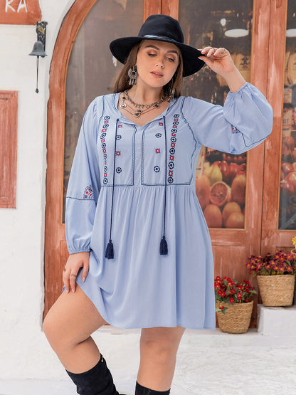 Plus Size Tie Neck Tassel Detail Long Sleeve Mini Dress-Soul Flow Apparel