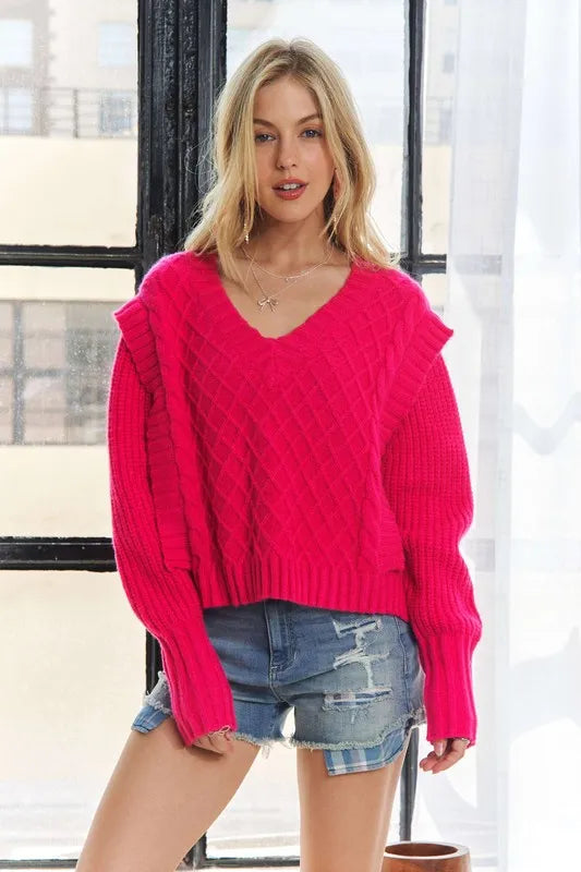 Trendsi boho ruffle detail sweater in vibrant pink with a cozy cropped design and oversized sleeves