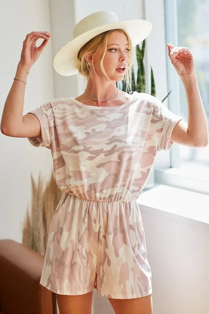 Trendsi camo print romper for women in soft pink tones with relaxed fit and elastic waistband
