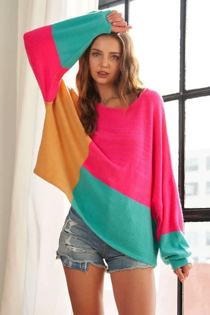 Trendsi Boho Colorblock Sweater in Bright Pink, Teal, and Mustard for a Stylish Casual Look