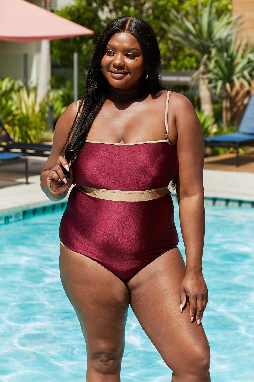 Marina West Swim Wave Break Contrast Trim One-Piece in Wine-Soul Flow Apparel